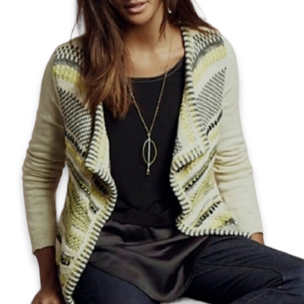Anthropologie Moth Chaux Blue Yellow Metallic Cardigan Sweater Women's Small